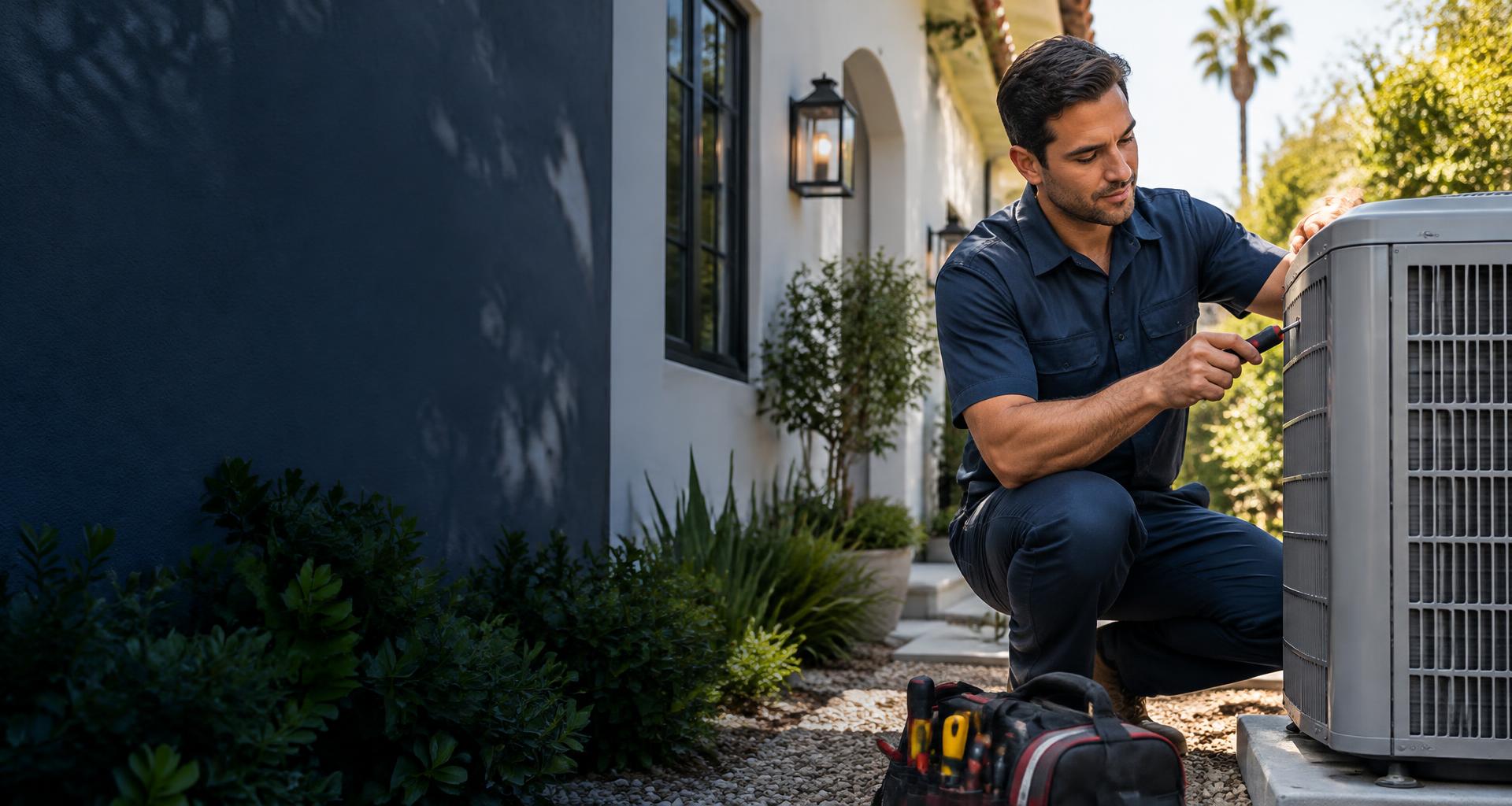 Professional HVAC technician servicing an outdoor air conditioner at a California home